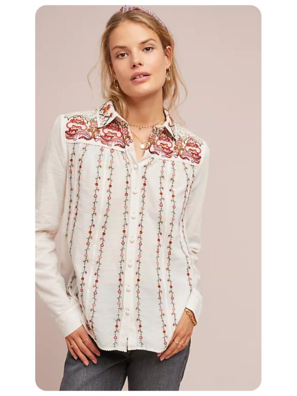 Anthropologie Akemi + Kin Bouillon Embroidered Long Sleeve Button Down Top sz 2